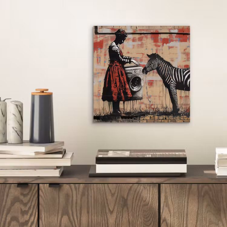 Street art - Zebra - Vrouw - Dieren - Graffiti - Banksy aluminium wit klein -sfeer1