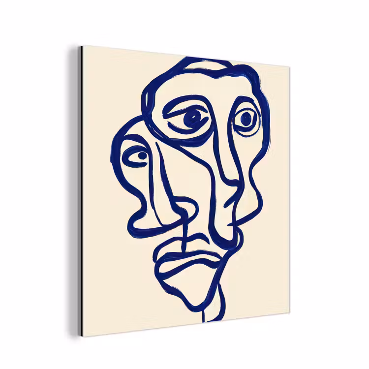 Lijntekening - Overlappende gezichten - Donkerblauw aluminium wit klein -3d