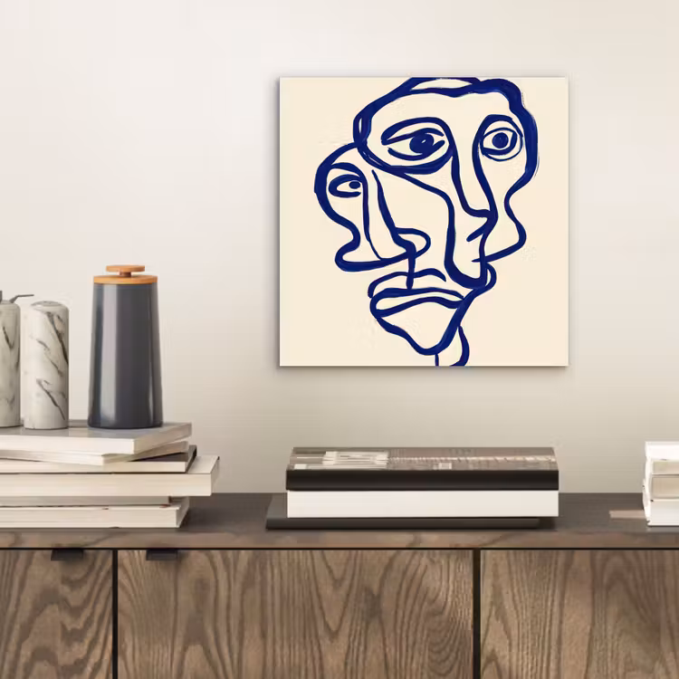 Lijntekening - Overlappende gezichten - Donkerblauw aluminium wit klein -sfeer1