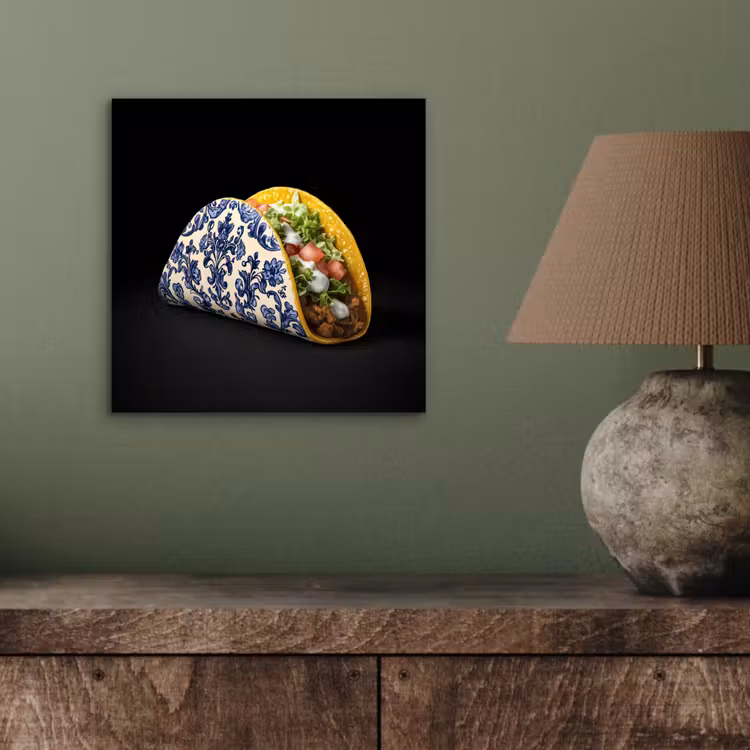 Taco - Vlees - Salade - Delftsblauw - Motief aluminium wit klein -sfeer2