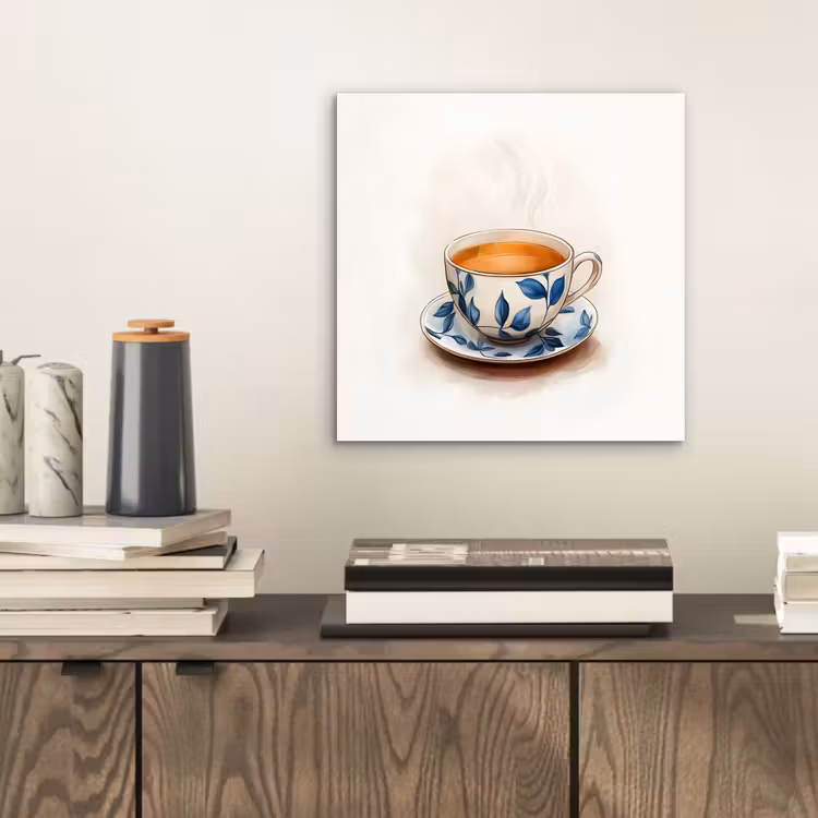 Theekop - Bladeren - Blauw aluminium wit klein -sfeer1
