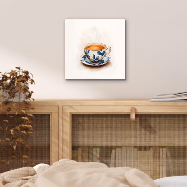 Theekop - Bladeren - Blauw aluminium wit klein -sfeer3