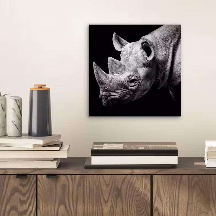 Dieren - Neushoorn - Zwart - Wit - Portret aluminium wit klein -sfeer1