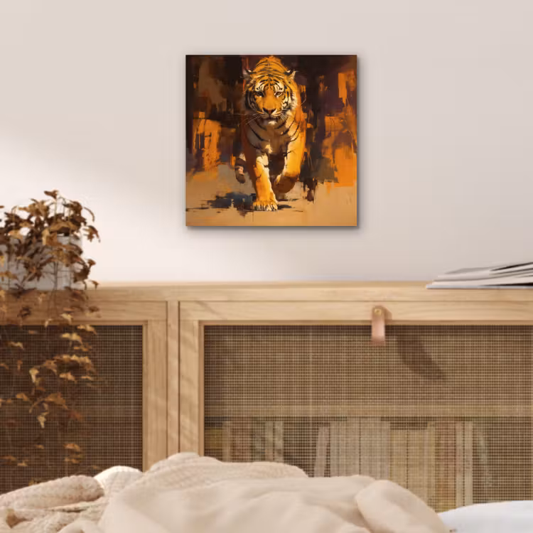Tijger - Geschilderd - Oranje - Penseelstreken aluminium wit klein -sfeer3