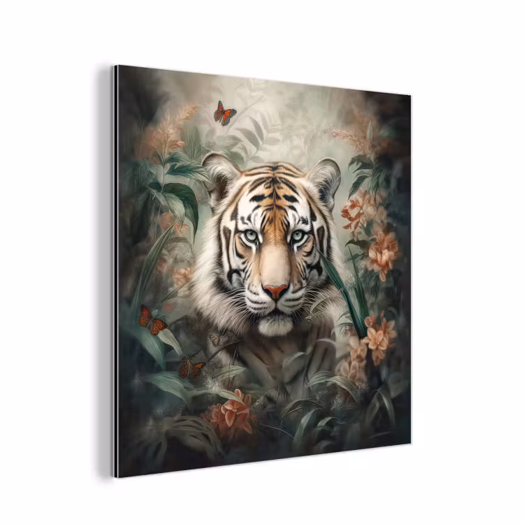 Tijger - Vlinders - Dieren - Jungle - Bloemen aluminium wit klein -3d