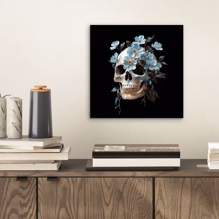 Schedel - Blauw - Bloemen - Bladeren aluminium wit klein -sfeer1