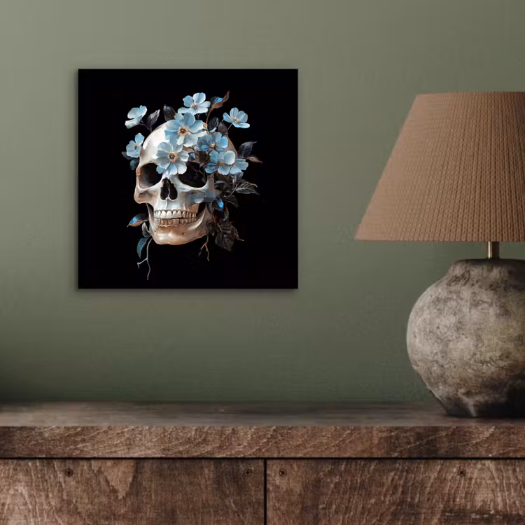 Schedel - Blauw - Bloemen - Bladeren aluminium wit klein -sfeer2