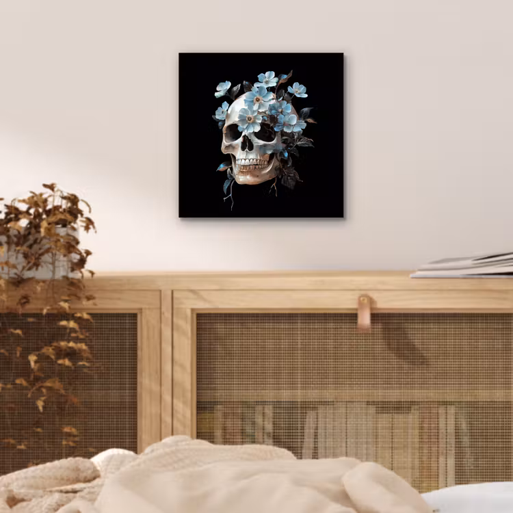 Schedel - Blauw - Bloemen - Bladeren aluminium wit klein -sfeer3