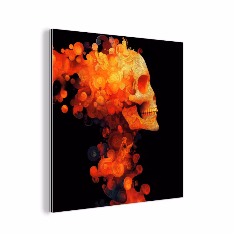 Schedel - Oranje - Zijaanzicht - Vlammen aluminium wit klein -3d