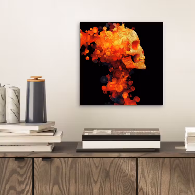 Schedel - Oranje - Zijaanzicht - Vlammen aluminium wit klein -sfeer1
