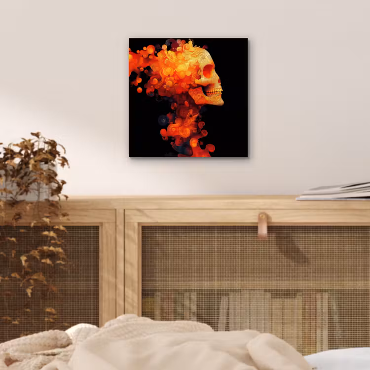 Schedel - Oranje - Zijaanzicht - Vlammen aluminium wit klein -sfeer3