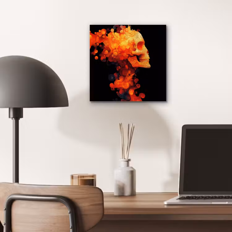 Schedel - Oranje - Zijaanzicht - Vlammen aluminium wit klein -sfeer5