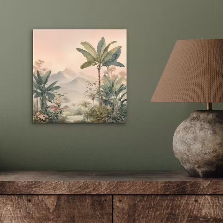 Tropisch landschap - palmbomen - Bloemen - Roze lucht aluminium wit klein -sfeer2