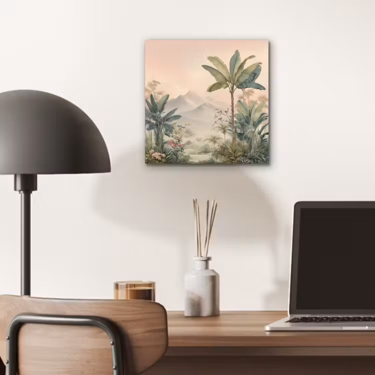 Tropisch landschap - palmbomen - Bloemen - Roze lucht aluminium wit klein -sfeer5