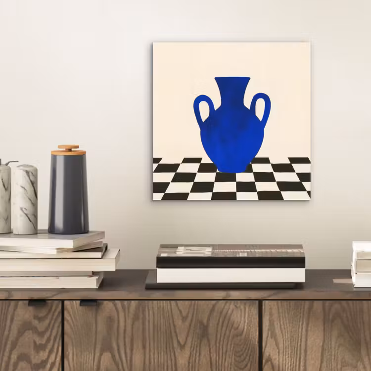 Vaas - Blauw - Geblokt - Modern aluminium wit klein -sfeer1
