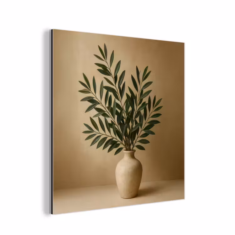 Vaas - Olijftakken - Bladeren - Beige aluminium wit klein -3d