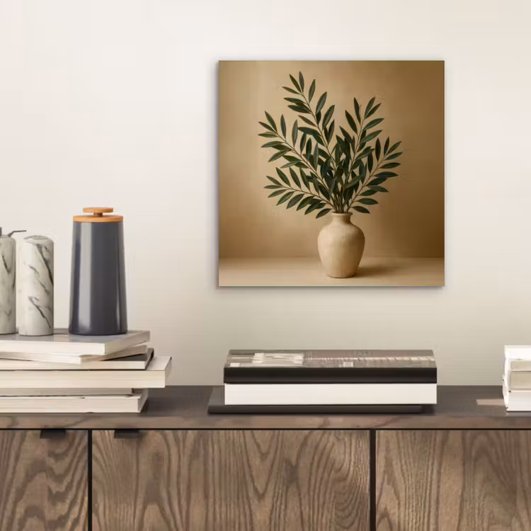 Vaas - Olijftakken - Bladeren - Beige aluminium wit klein -sfeer1