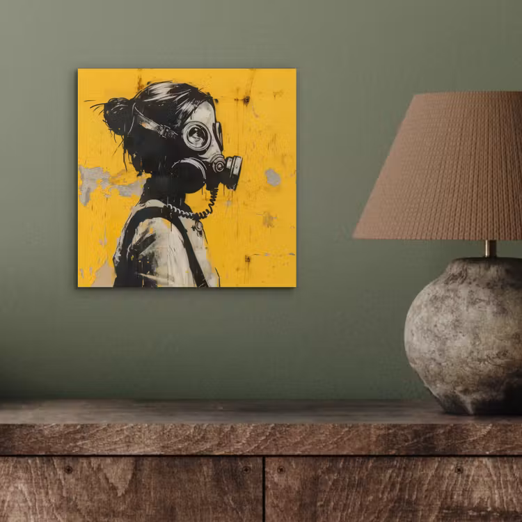 Vintage - Street art - Meisje - Masker - Geel - Banksy aluminium wit klein -sfeer2