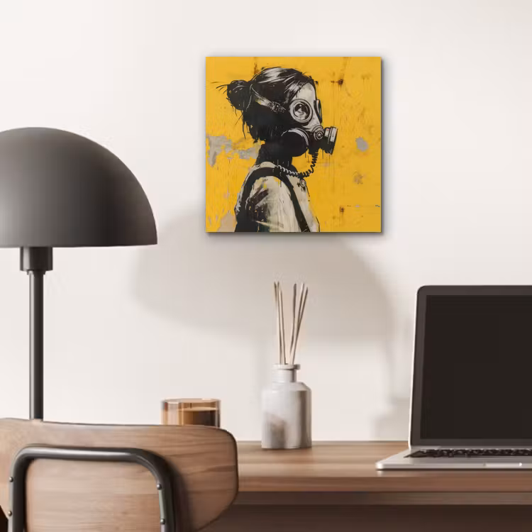 Vintage - Street art - Meisje - Masker - Geel - Banksy aluminium wit klein -sfeer5