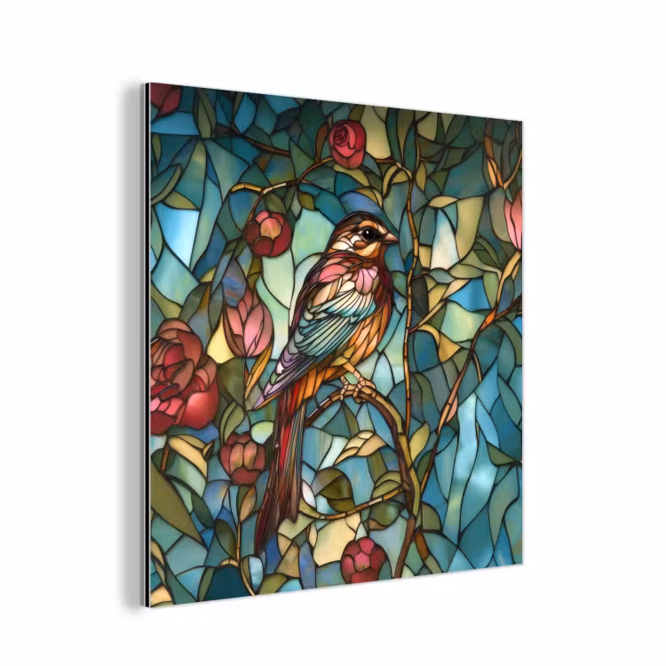 Vogel - Tak - Rozen - Mozaïek aluminium wit klein -3d