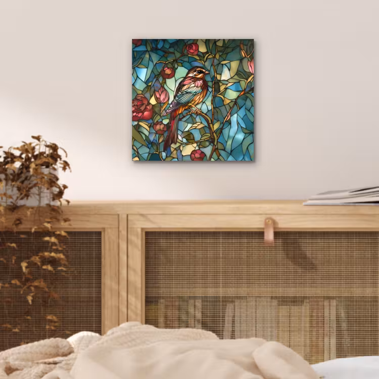 Vogel - Tak - Rozen - Mozaïek aluminium wit klein -sfeer3