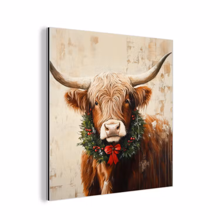 Kerst - Schotse Hooglander - Bruin - Krans aluminium wit klein -3d