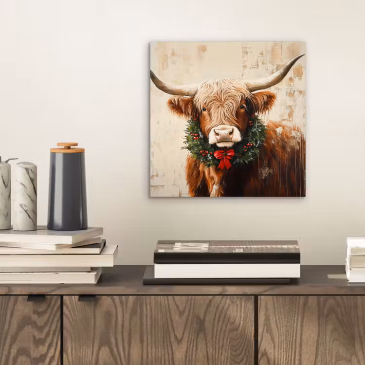 Kerst - Schotse Hooglander - Bruin - Krans aluminium wit klein -sfeer1