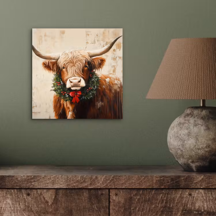 Kerst - Schotse Hooglander - Bruin - Krans aluminium wit klein -sfeer2