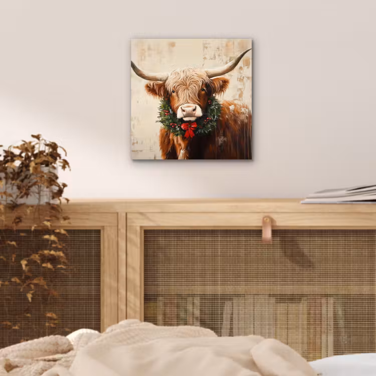 Kerst - Schotse Hooglander - Bruin - Krans aluminium wit klein -sfeer3