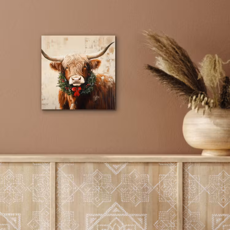 Kerst - Schotse Hooglander - Bruin - Krans aluminium wit klein -sfeer4