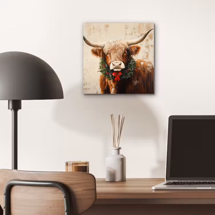 Kerst - Schotse Hooglander - Bruin - Krans aluminium wit klein -sfeer5