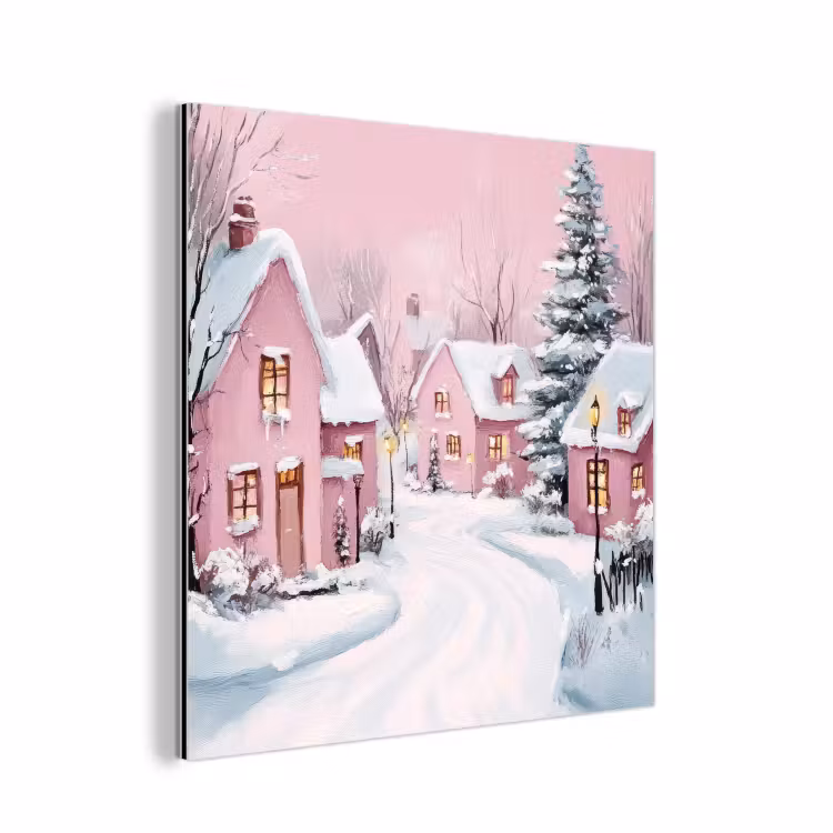 Kerstdorp - Roze - Winter - Sneeuw - Huizen aluminium wit klein -3d