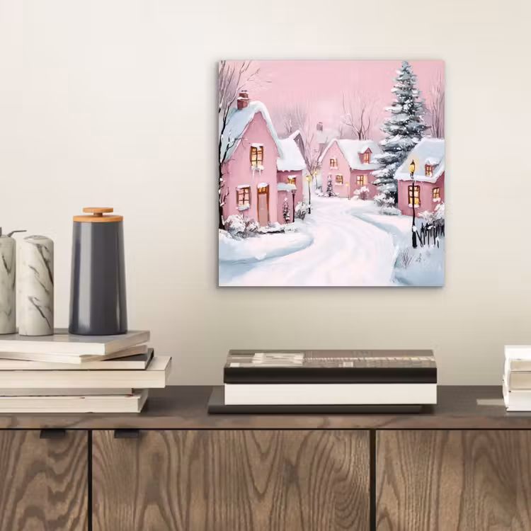 Kerstdorp - Roze - Winter - Sneeuw - Huizen aluminium wit klein -sfeer1