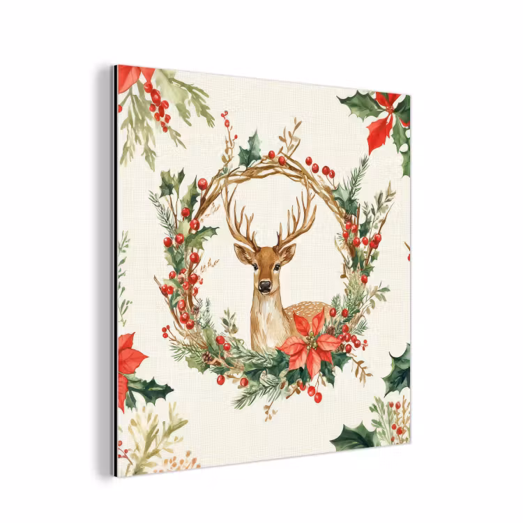 Kerstkrans - Hert - Hulst - Rood aluminium wit klein -3d