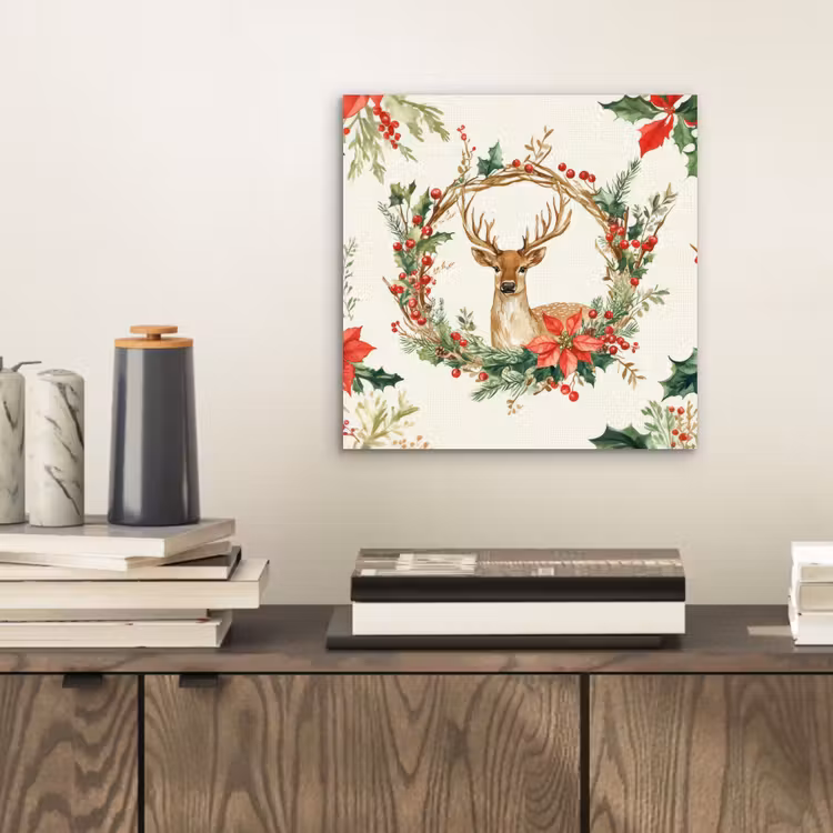 Kerstkrans - Hert - Hulst - Rood aluminium wit klein -sfeer1