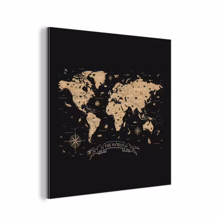 Wereldkaart - Beige - Zwart aluminium wit klein -3d