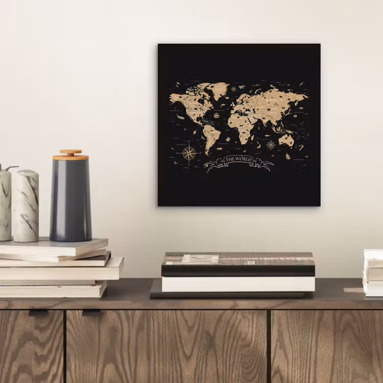 Wereldkaart - Beige - Zwart aluminium wit klein -sfeer1