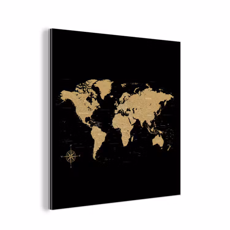 Wereldkaart - Beige - Zwart aluminium wit klein -3d