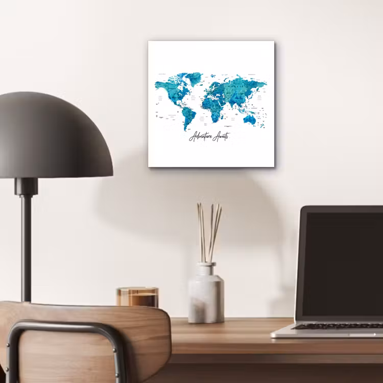 Wereldkaart - Blauw - Kleurrijk aluminium wit klein -sfeer5