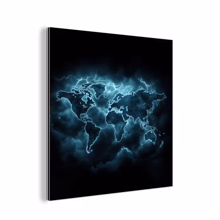 Wereldkaart - Bliksem - Blauw aluminium wit klein -3d