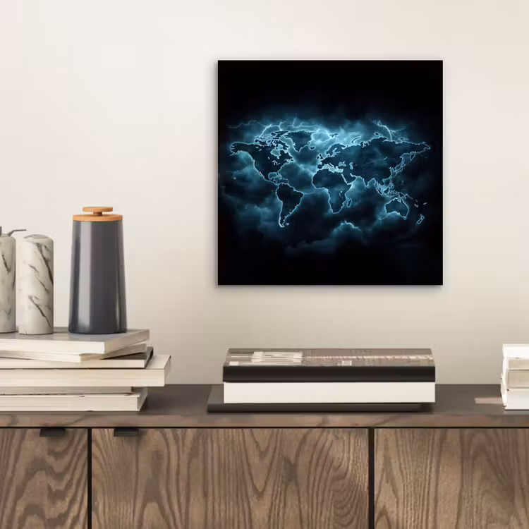 Wereldkaart - Bliksem - Blauw aluminium wit klein -sfeer1