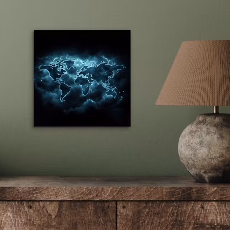 Wereldkaart - Bliksem - Blauw aluminium wit klein -sfeer2
