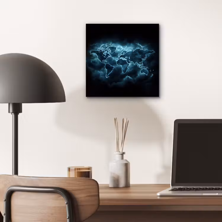 Wereldkaart - Bliksem - Blauw aluminium wit klein -sfeer5