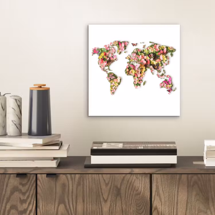 Wereldkaart - Bloemen - Felgekleurd aluminium wit klein -sfeer1