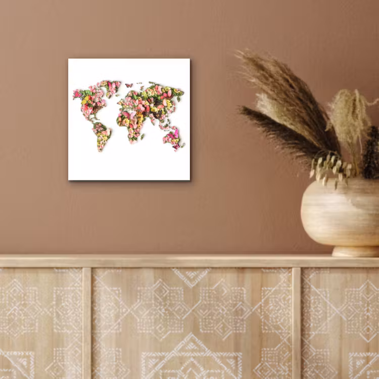 Wereldkaart - Bloemen - Felgekleurd aluminium wit klein -sfeer4