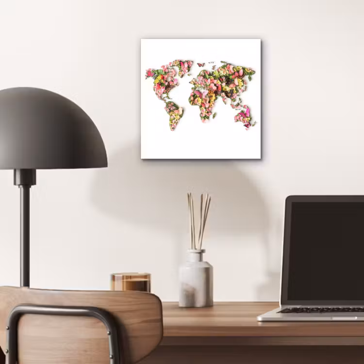 Wereldkaart - Bloemen - Felgekleurd aluminium wit klein -sfeer5