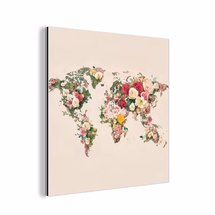 Wereldkaart - Bloemen - Roze aluminium wit klein -3d