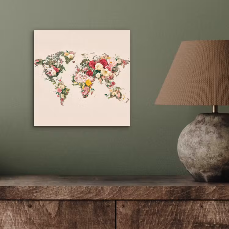Wereldkaart - Bloemen - Roze aluminium wit klein -sfeer2