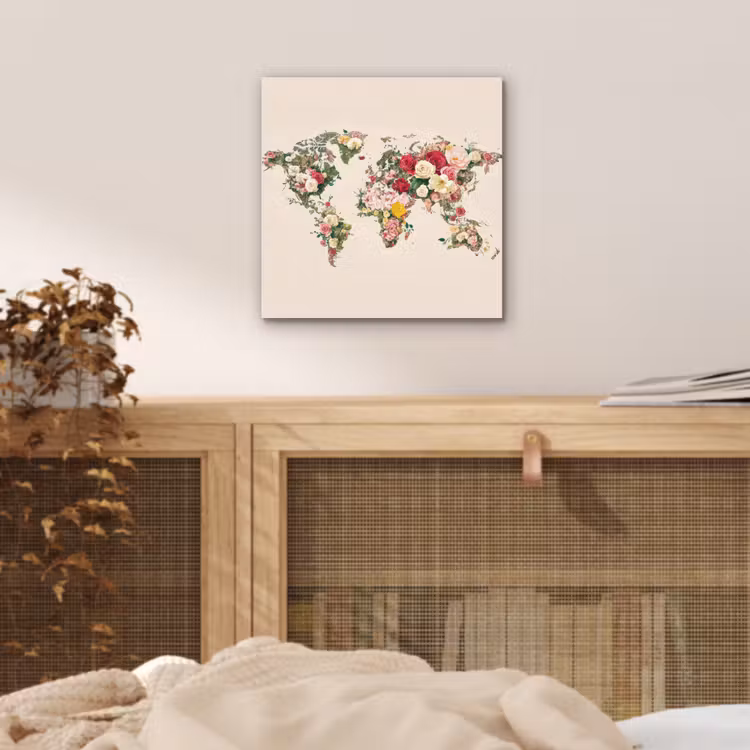 Wereldkaart - Bloemen - Roze aluminium wit klein -sfeer3