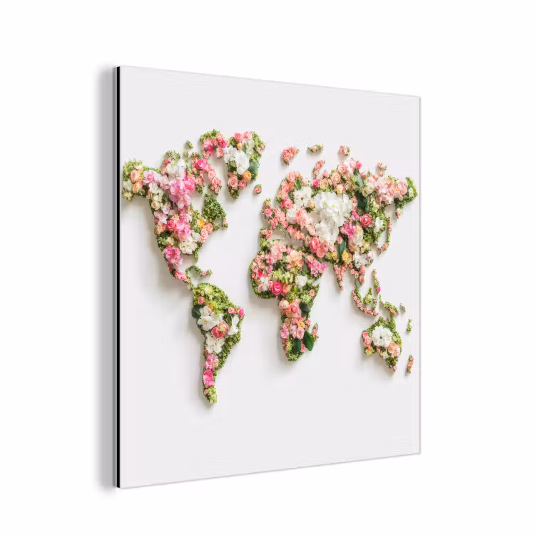 Wereldkaart - Bloemen - Subtiel aluminium wit klein -3d